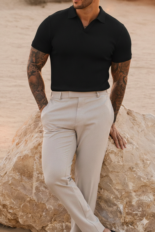 Azure Ribbed Texture Polo - Black
