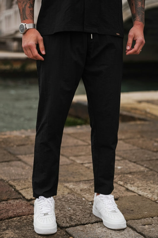 Crinkle Poly Textured Cotton Pants - Black