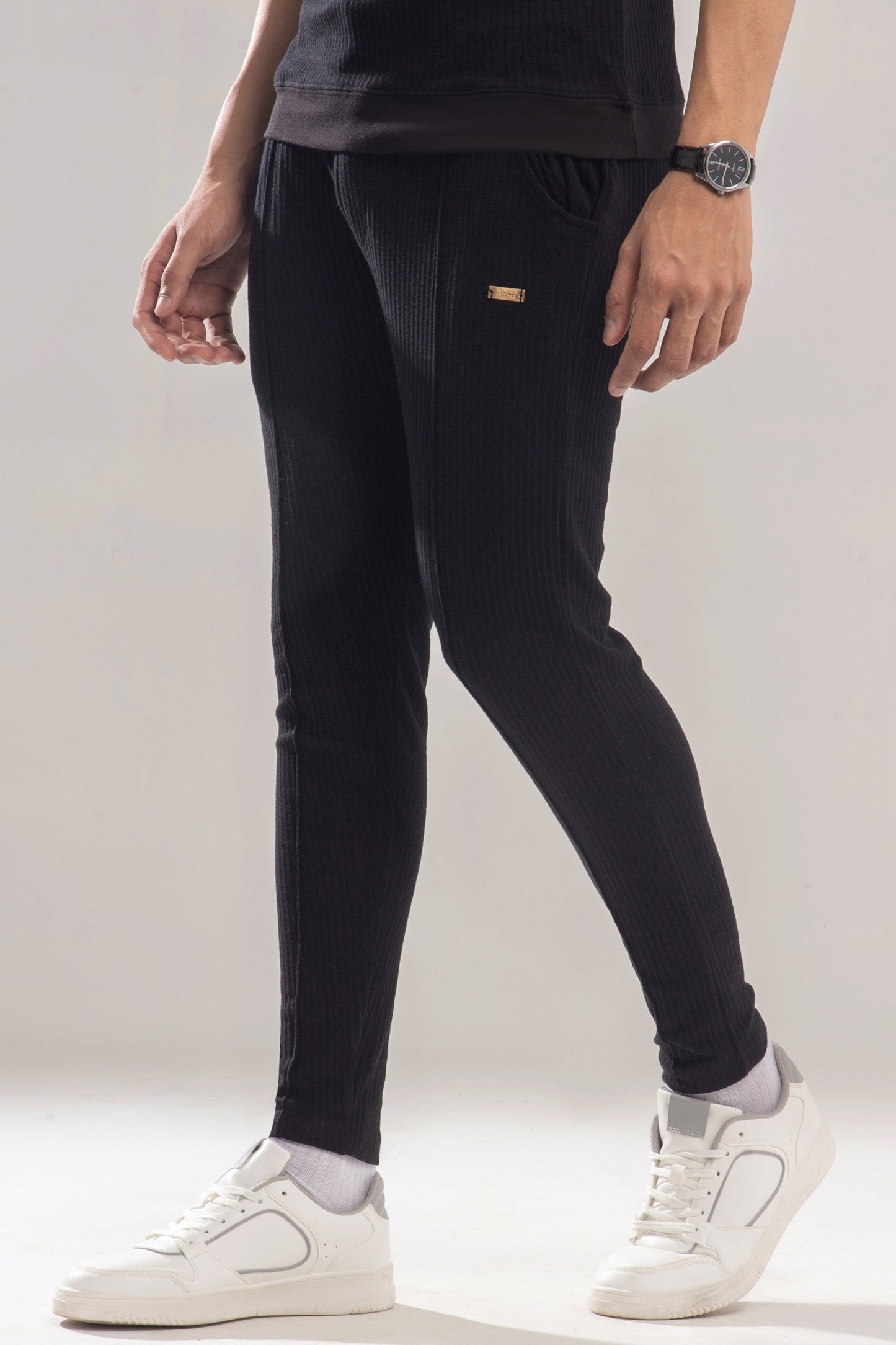Premium Textured Cotton Trouser with Badge - Black