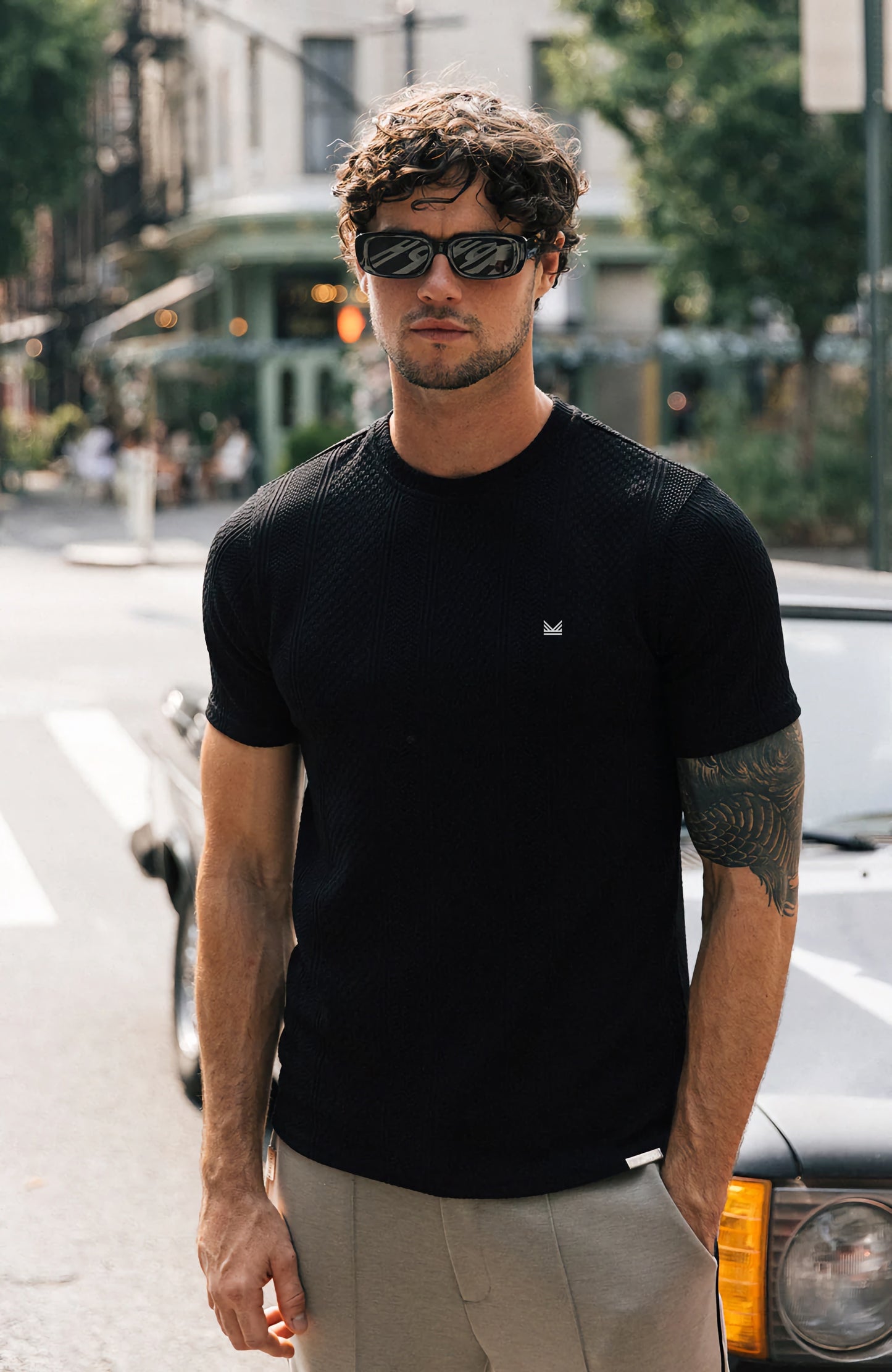 Cedro Textured Knit Cotton Tee in Black