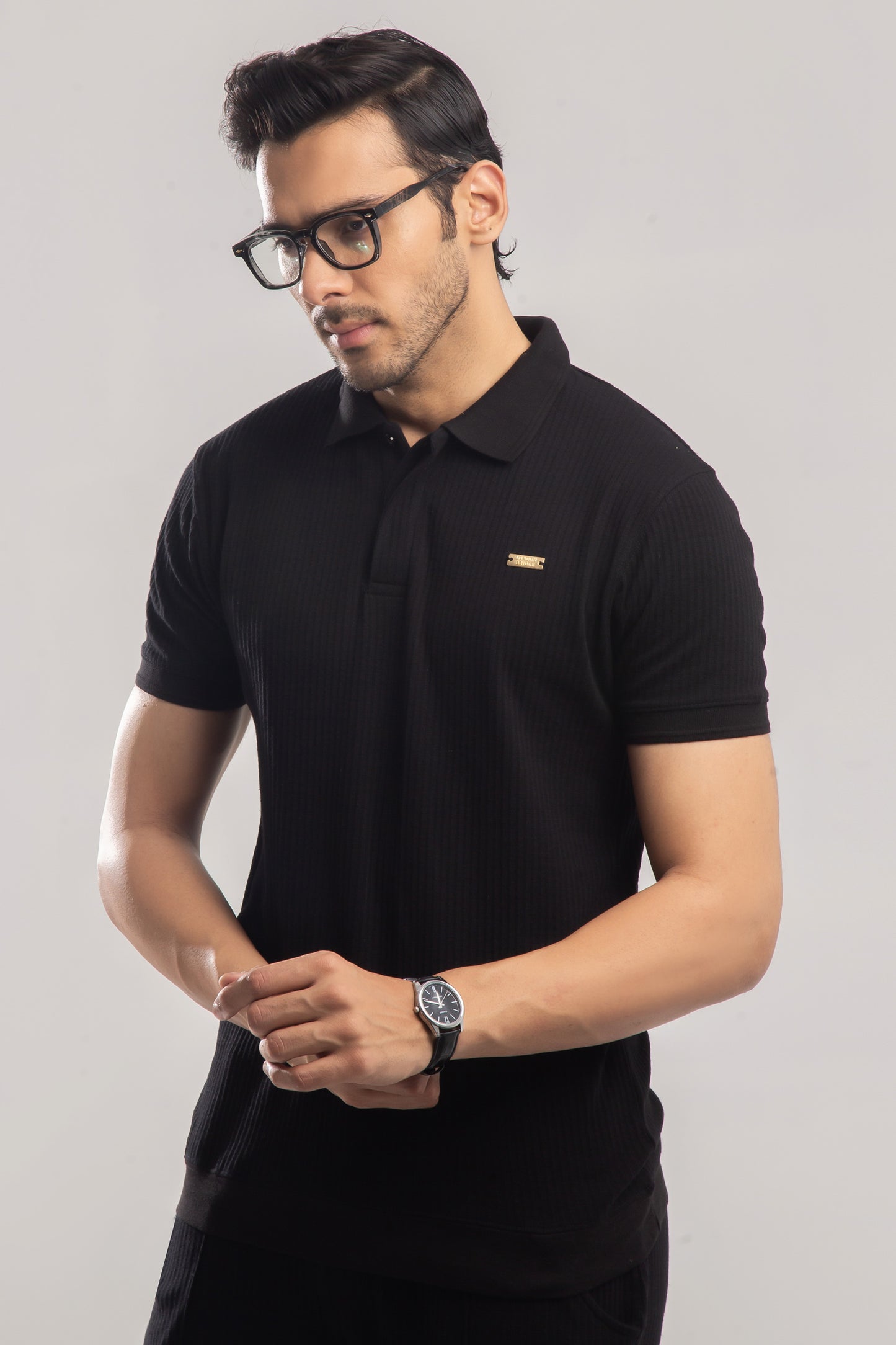 Metal Badge Drop Needle Texture Series Cotton Polo - Black