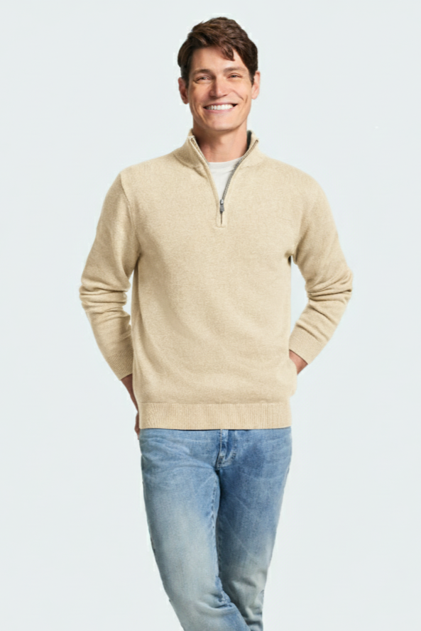 Quarter Zip Rib Knit Sweater - CREAM
