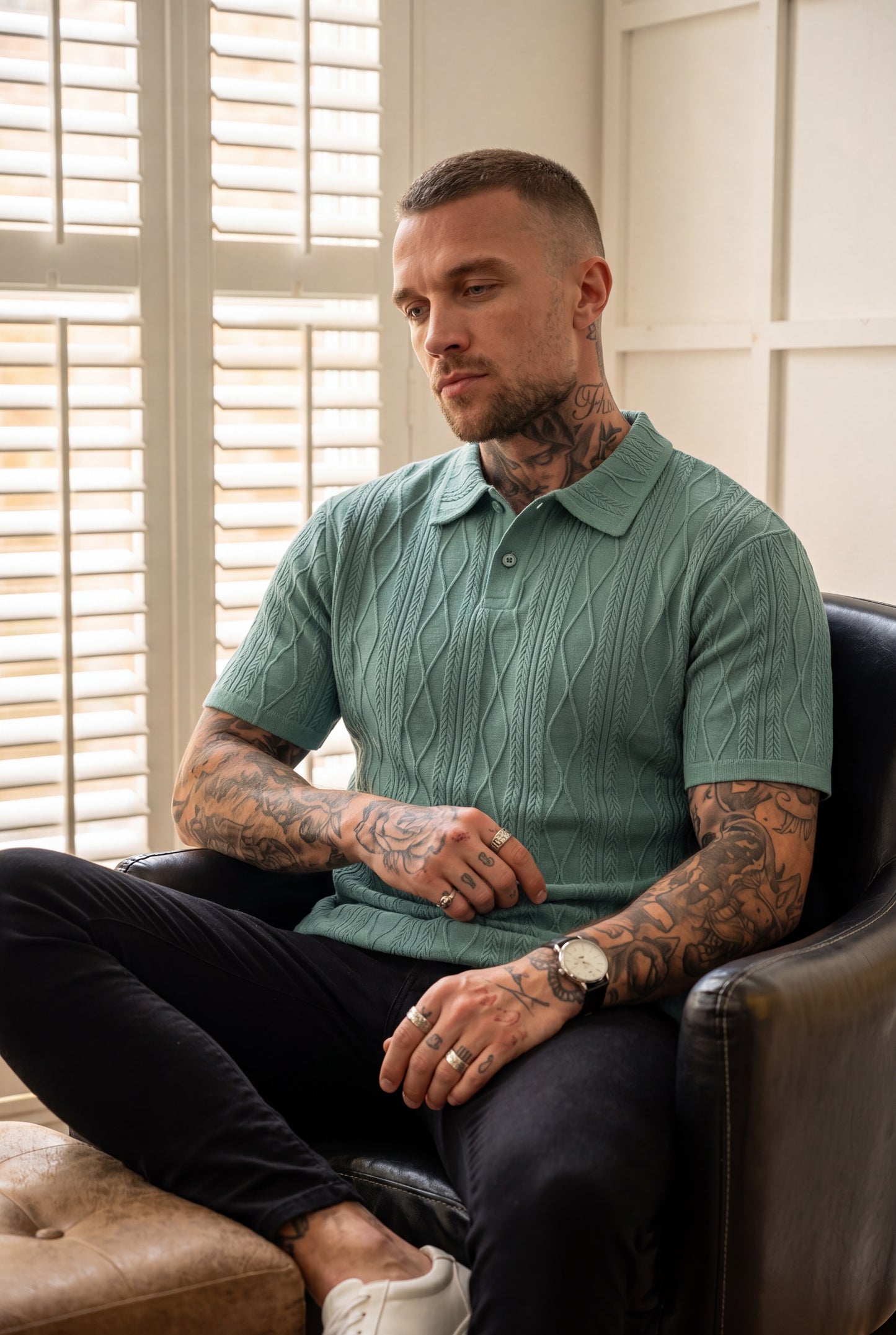 Lightweight CableKnit Polo - Pine Green