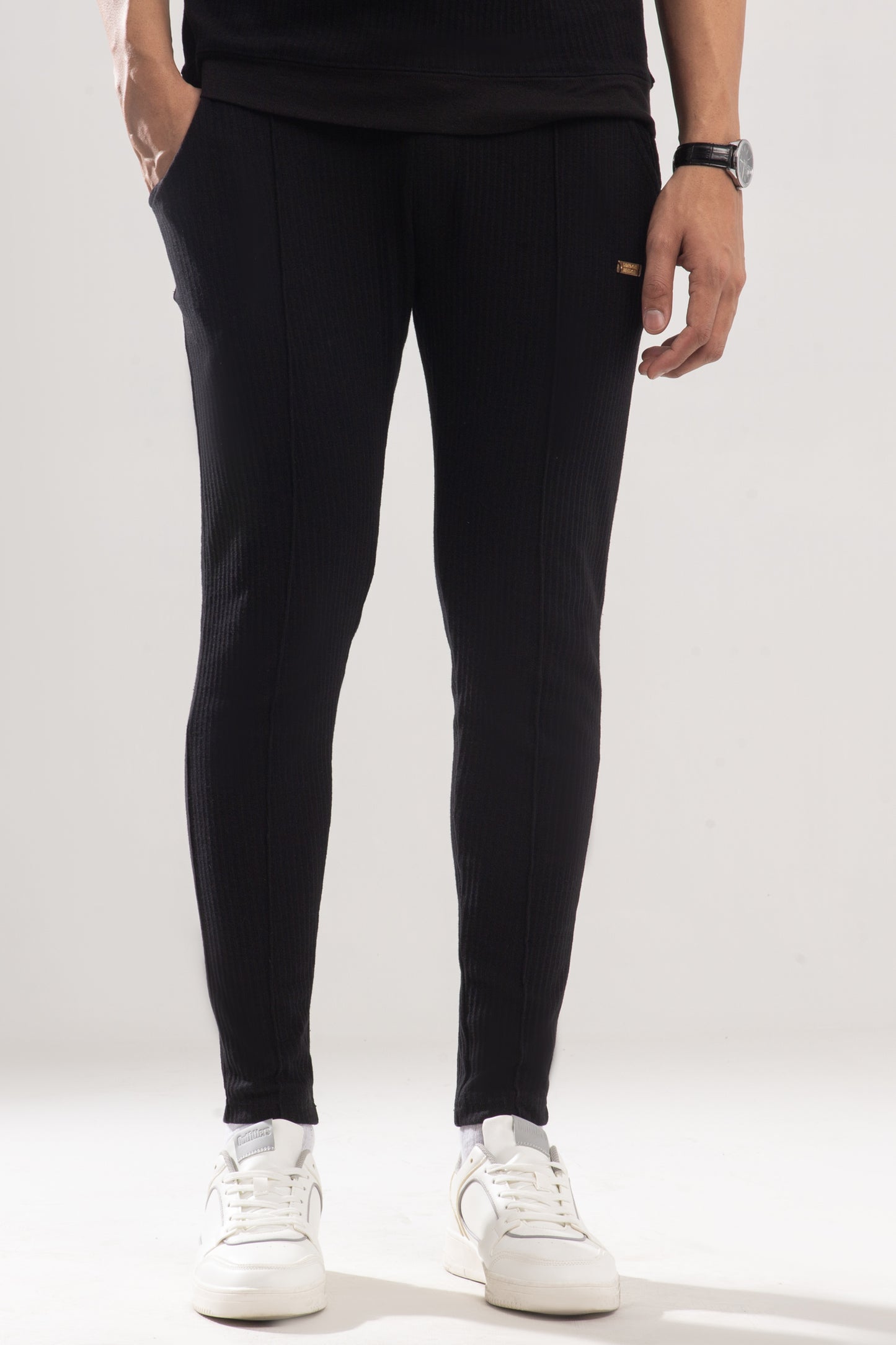 Premium Textured Cotton Trouser with Badge - Black