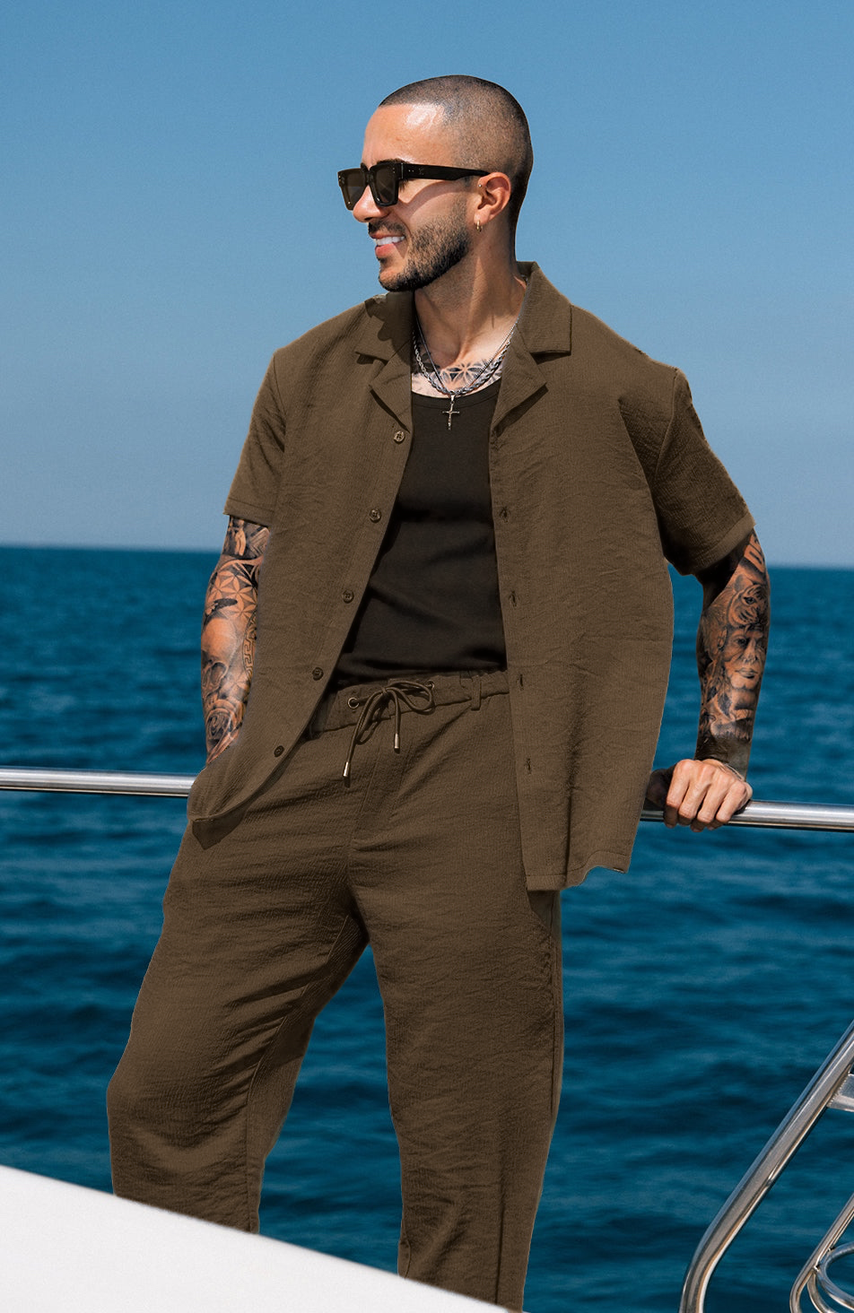 Monaco Crinkle Textured Poly Cotton Shirt - Coffee