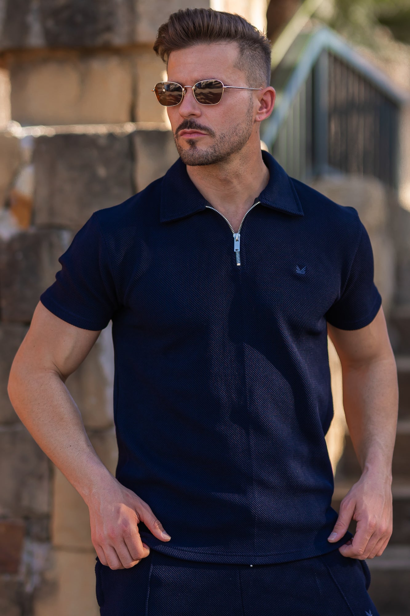 HoneyComb Knit Cotton Polo in Navy