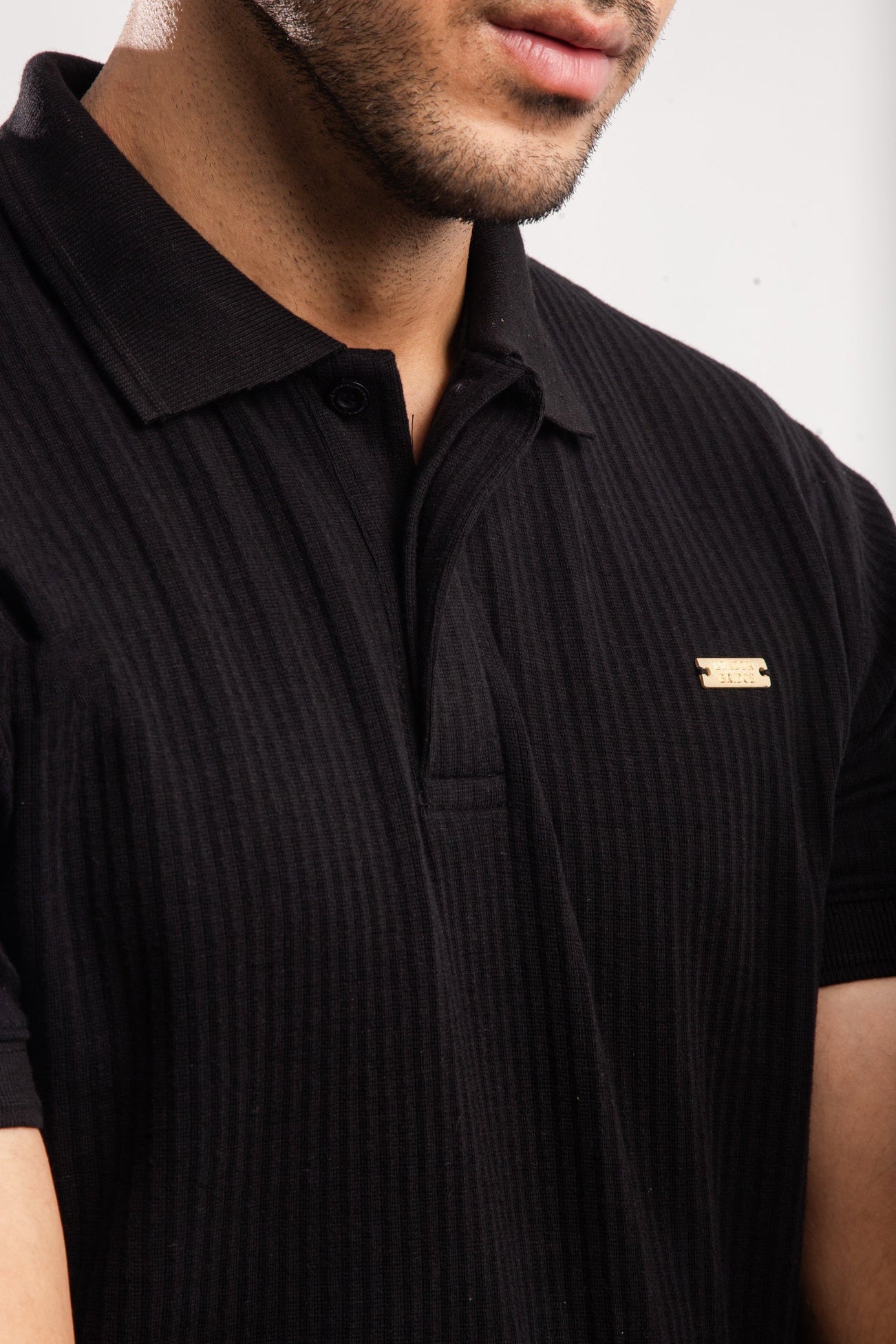 Metal Badge Drop Needle Texture Series Cotton Polo - Black