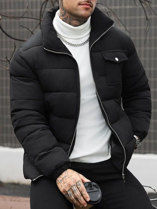Black puffer jacket with metal silver zip