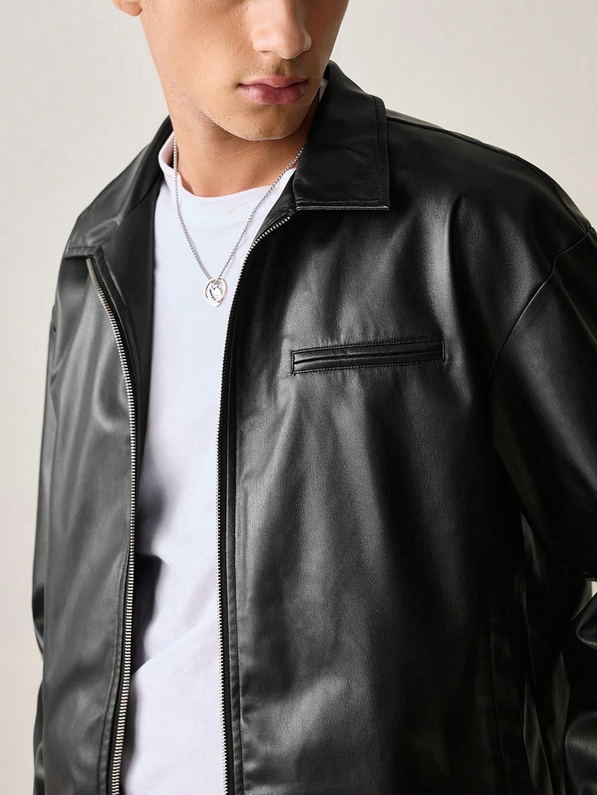 JS-61 Black leather hoodie with bon pocket, silver brass zip,