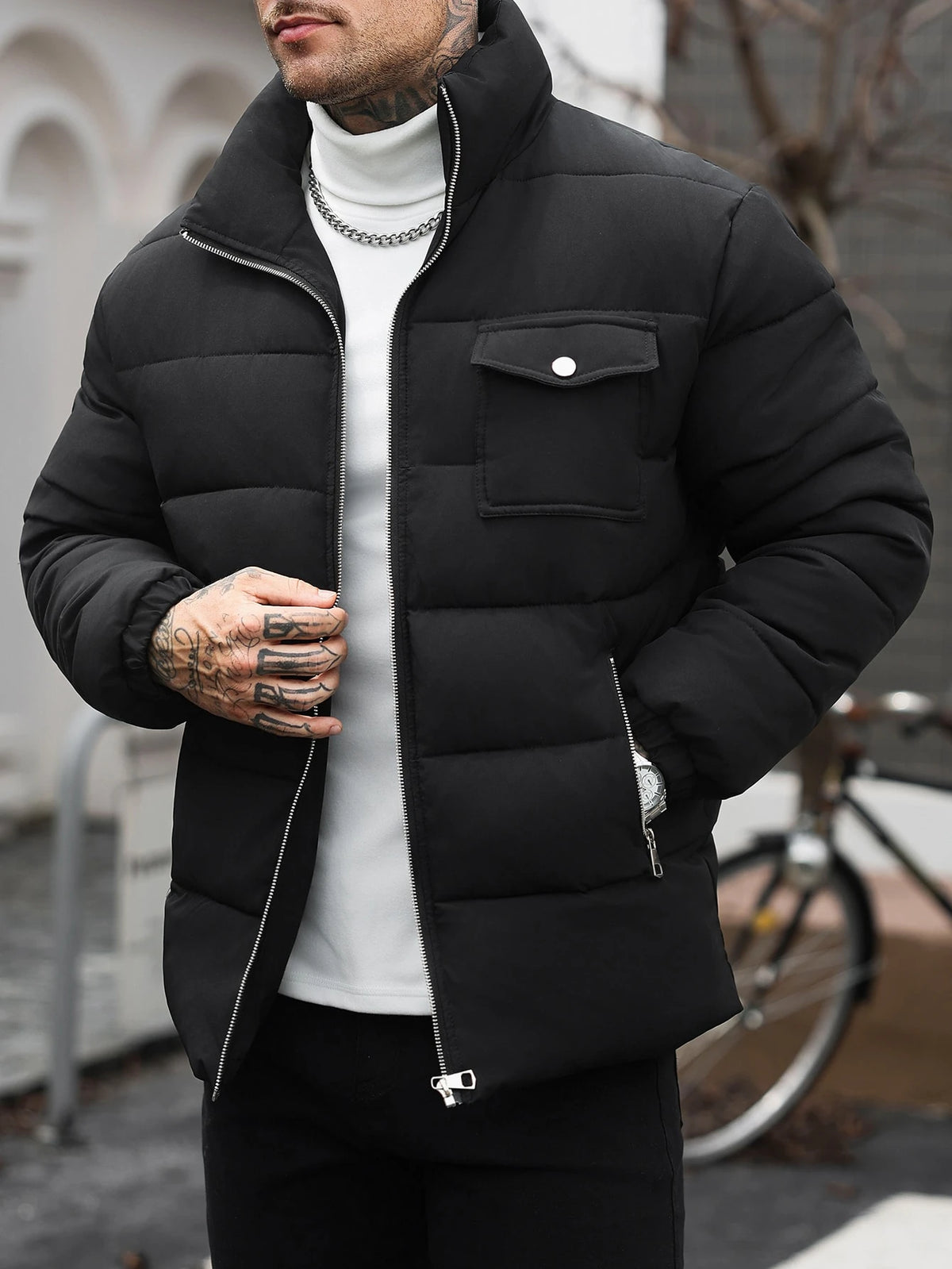 JS-36 Black puffer jacket with metal silver zip