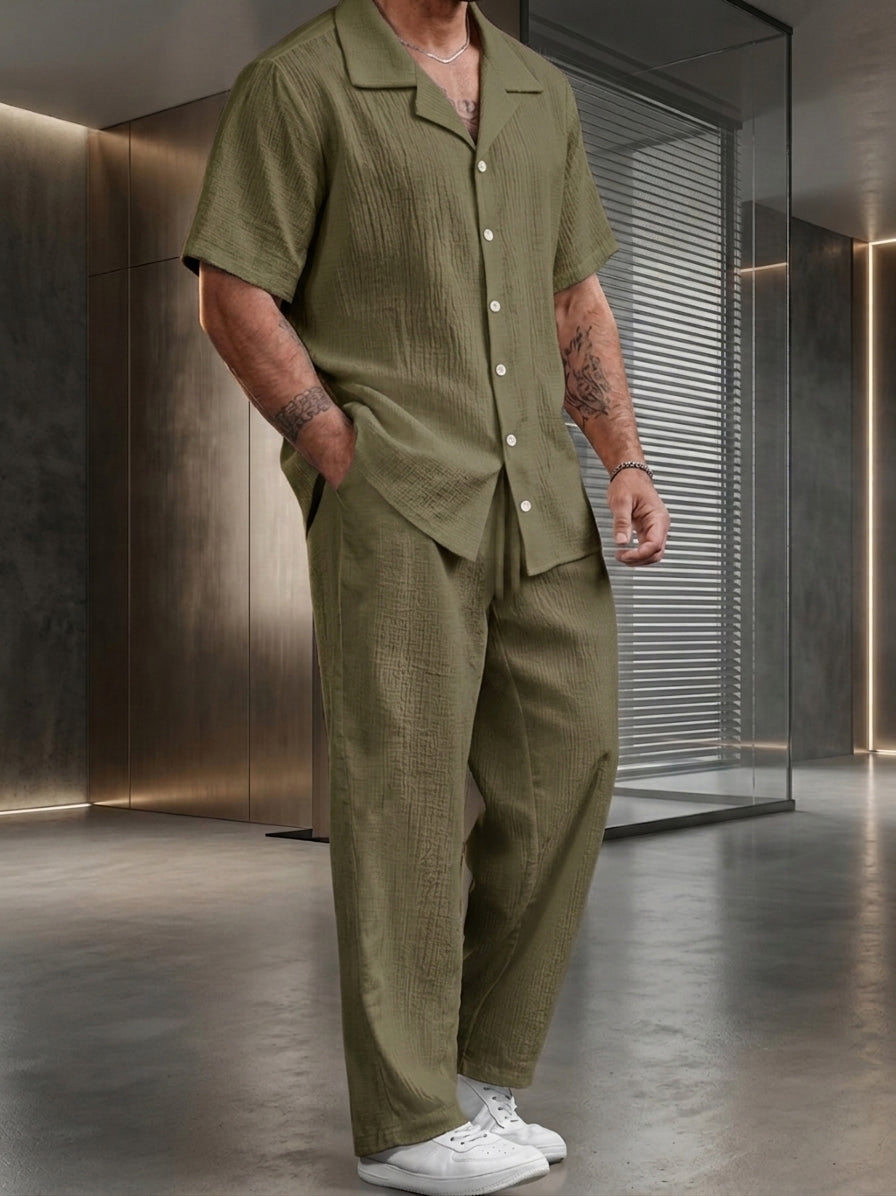 marbella Crinkle Textured Poly Cotton Shirt - Olive