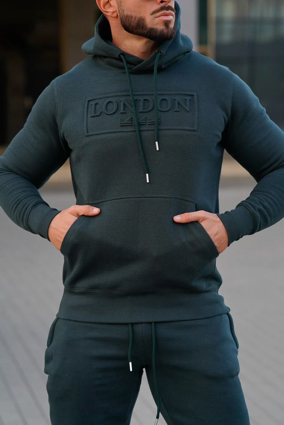 Embossed Cotton Hoodie - Teal-Green