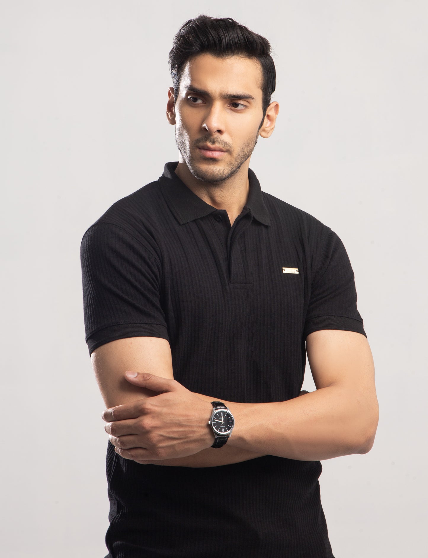Metal Badge Drop Needle Texture Series Cotton Polo - Black