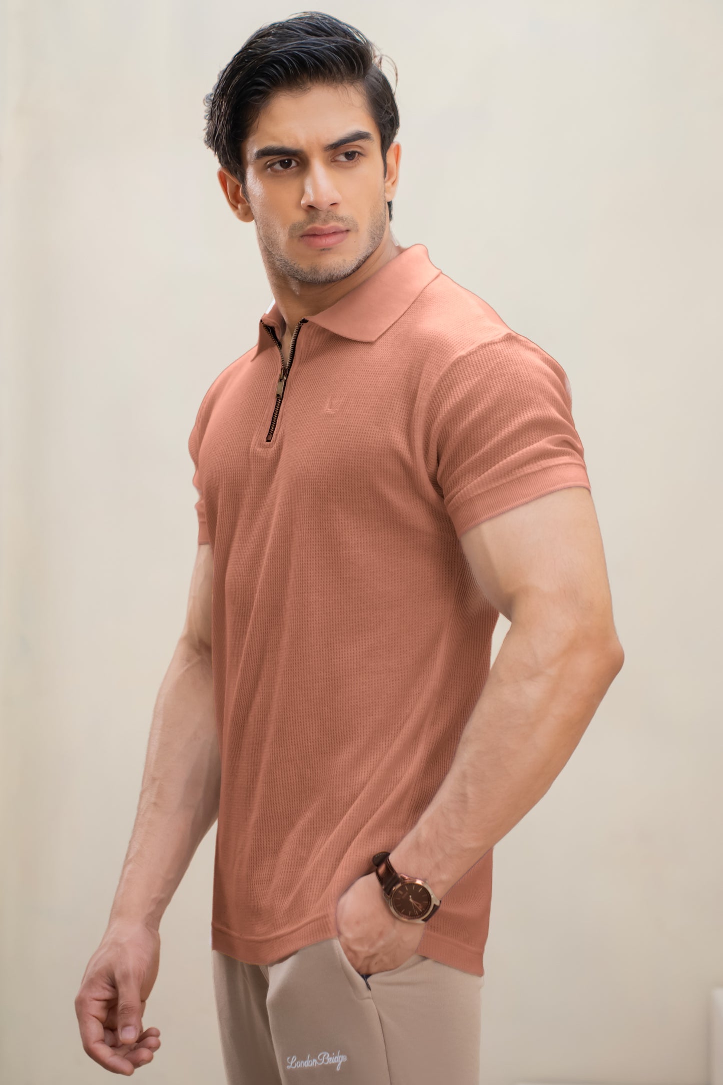 Waffle Knit Cotton Zip Polo - Plum