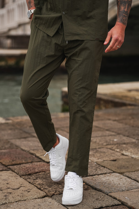 Monaco Crinkle Poly Textured Cotton Trouser - Olive