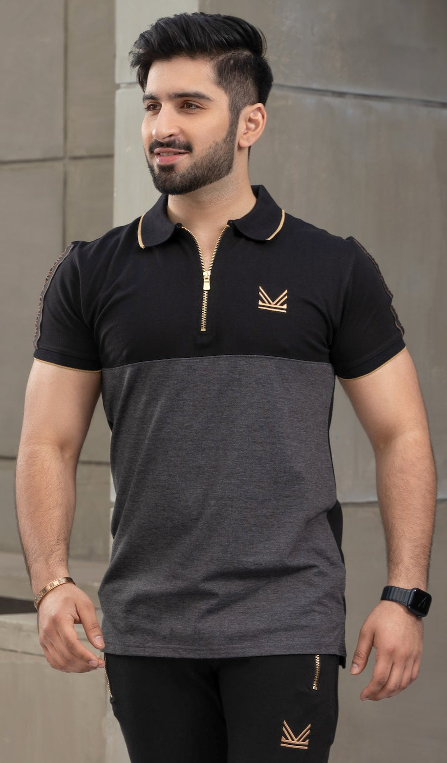 Premium Gold Zip Cotton Polo - Charcoal