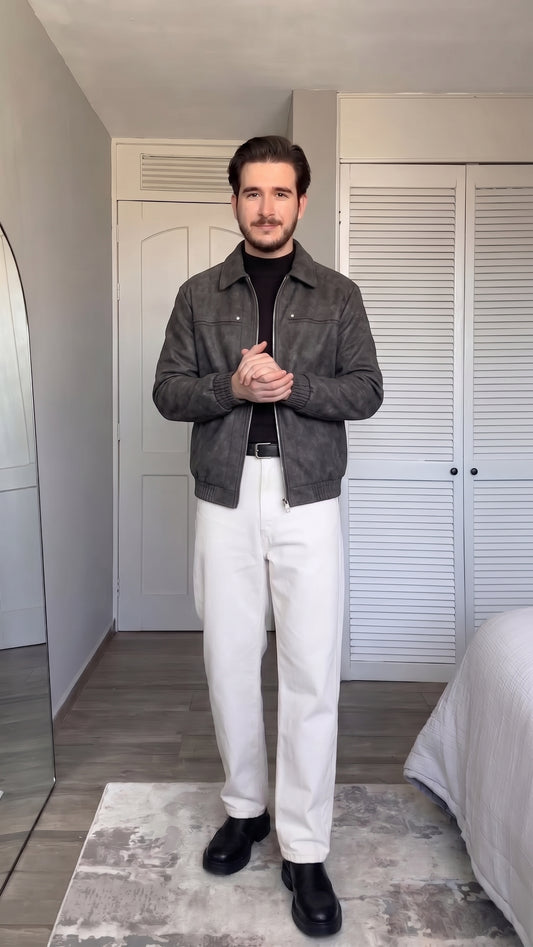 Suede Leather Jacket - Grey