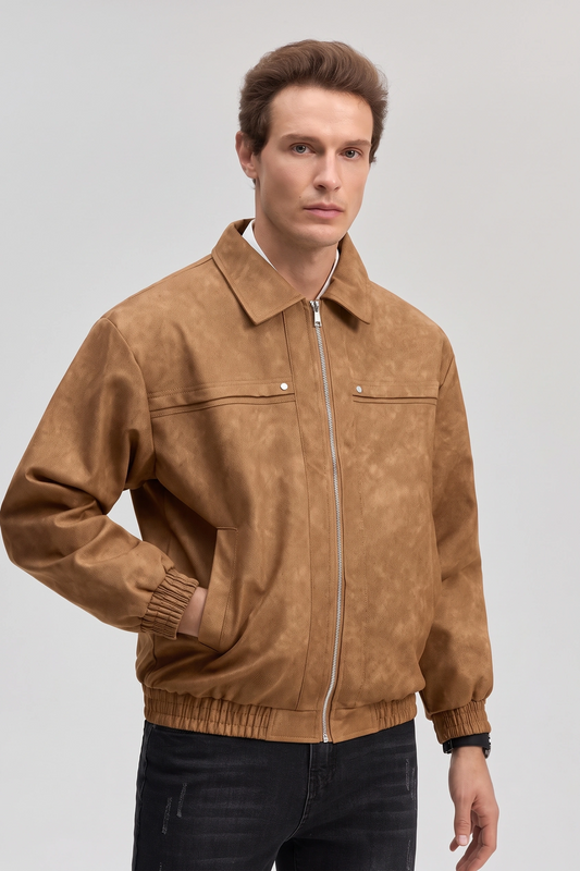 Suede Faux Leather Jacket - Camel