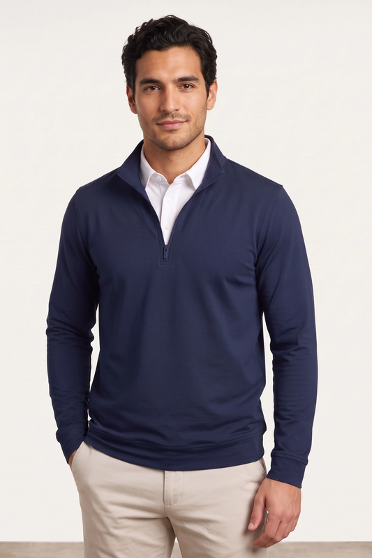 Quarter Zip w/ Built in Polo Collar With Shirt Spandex Sweater - Navy