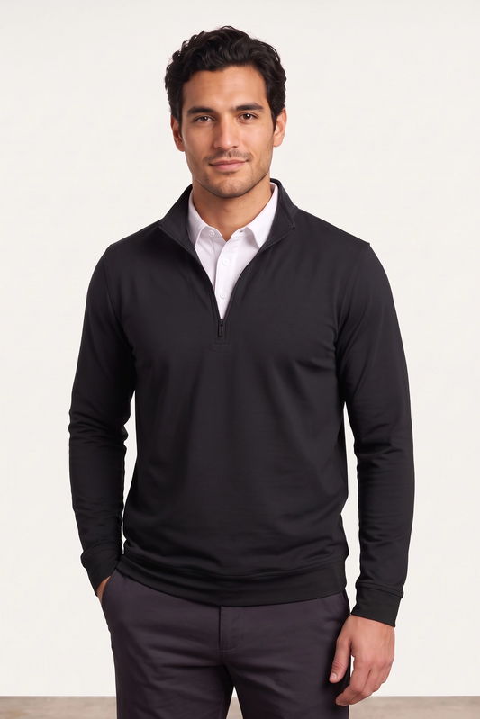 Quarter Zip w/ Built in Polo Collar With Shirt Spandex Sweater - Black