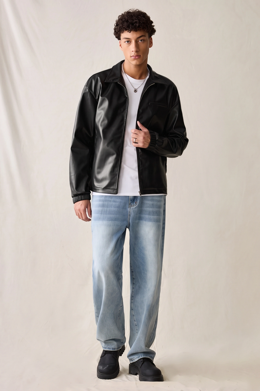 Black leather hoodie with bon pocket, silver brass zip,