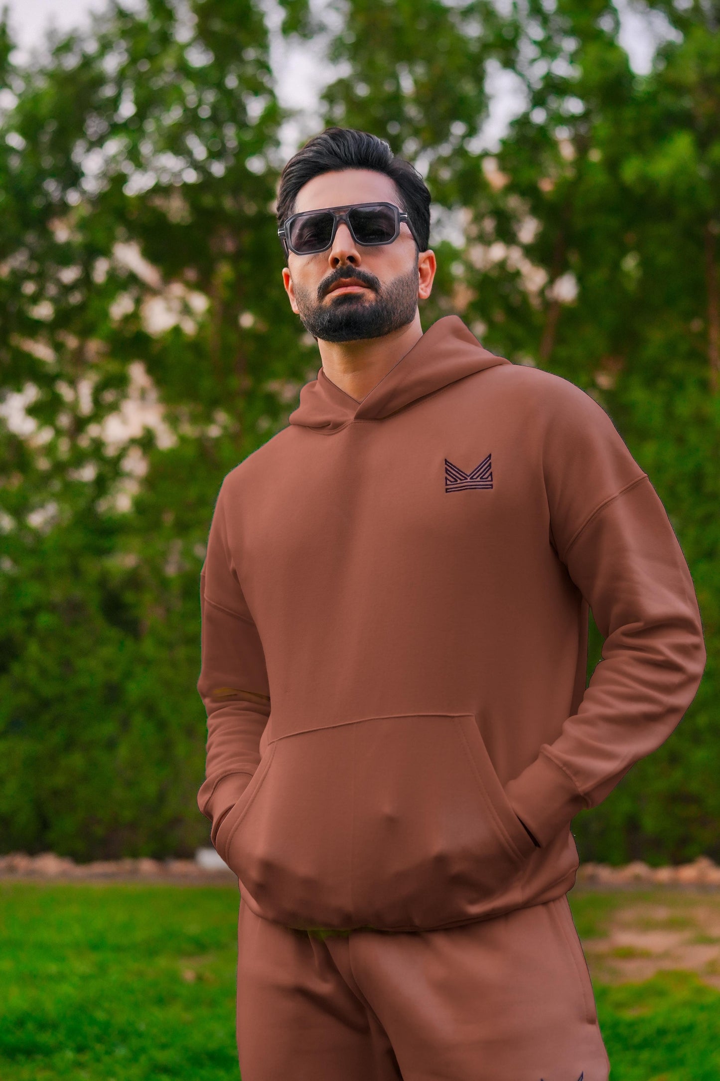 Crest Dropshoulder Cotton Hooodie - Peech brown