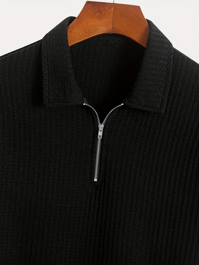Textured Series Cotton Zip Polo - Black