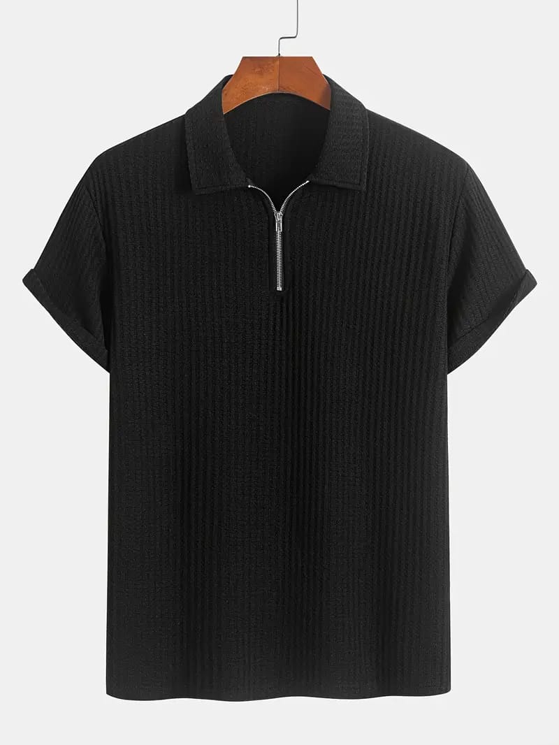 Textured Series Cotton Zip Polo - Black