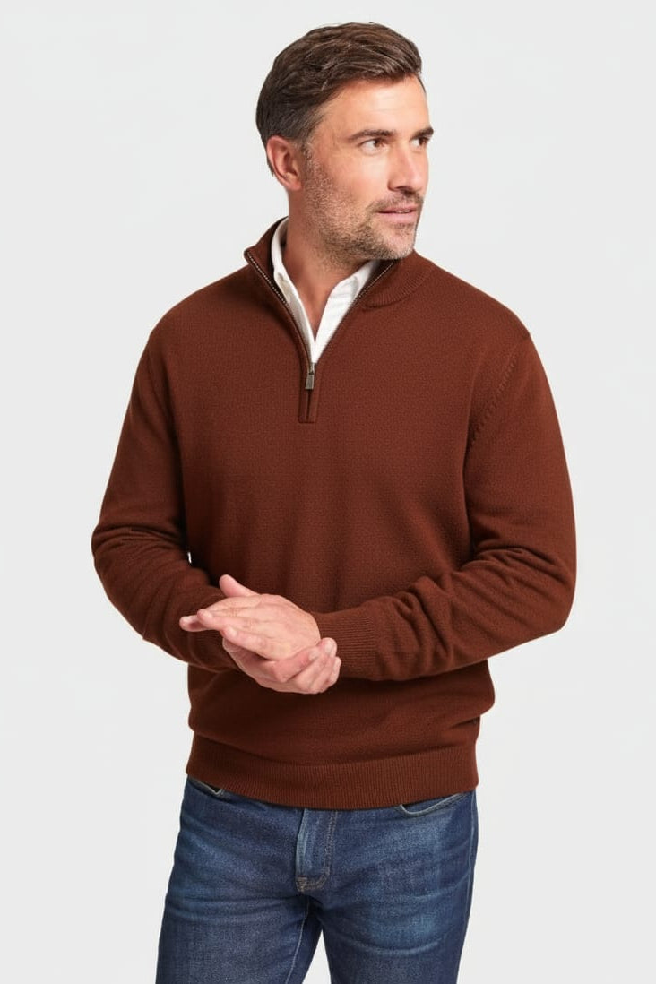 Quarter Zip Rib Knit Sweater - Peach Brown