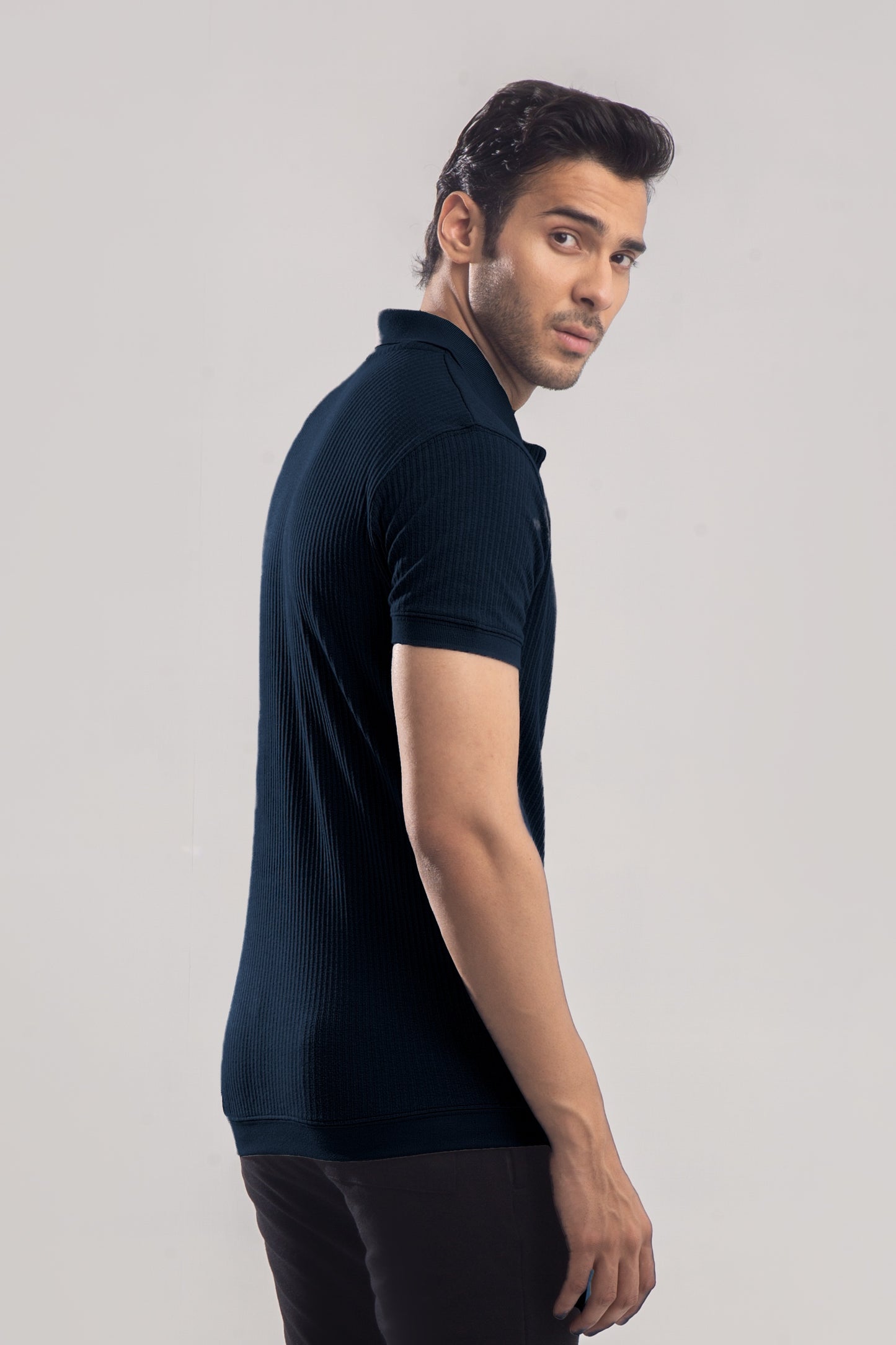 Navy Textured Knit Polo with Badge