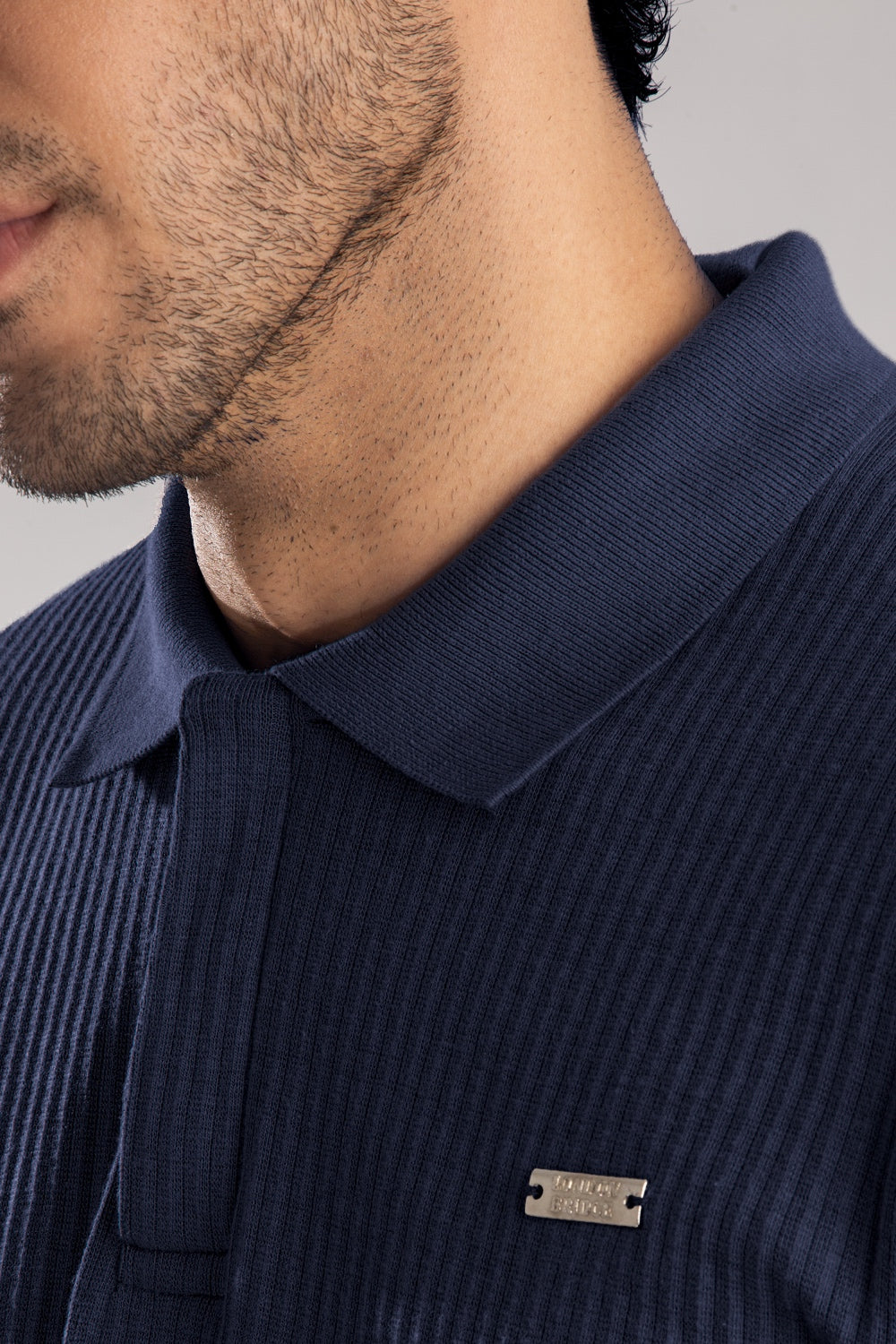Navy Textured Knit Polo with Badge