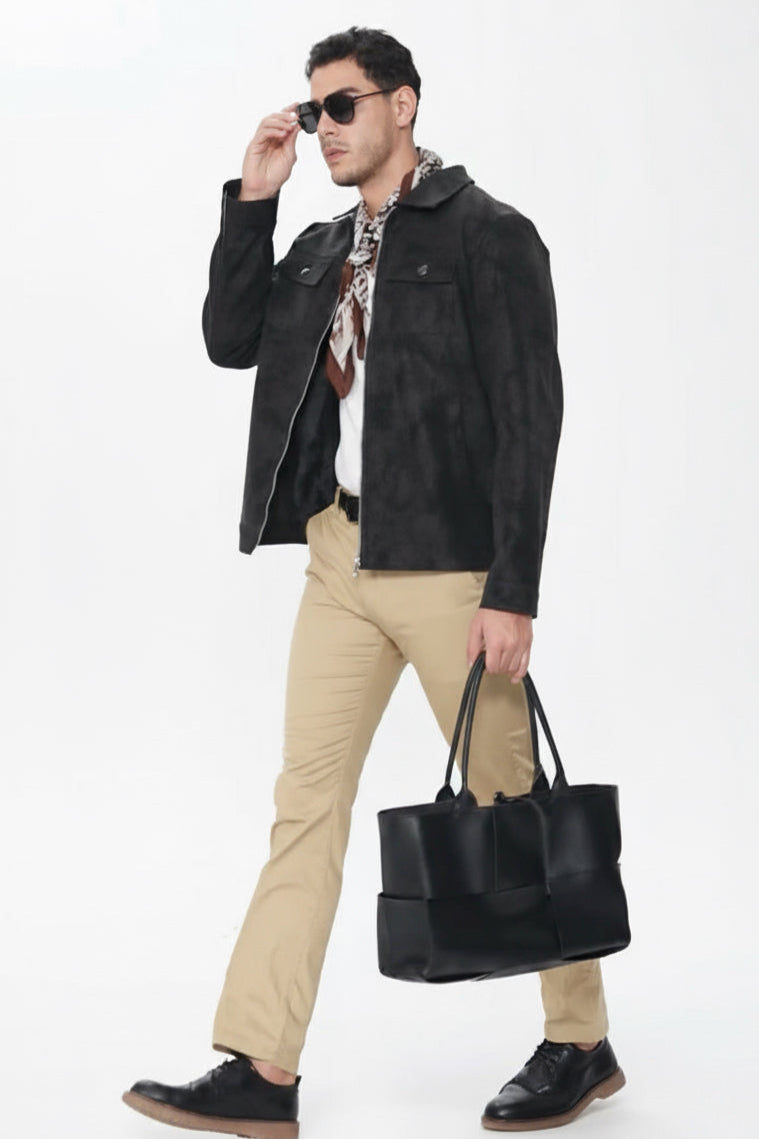 Suede Faux Leather Jacket - Black