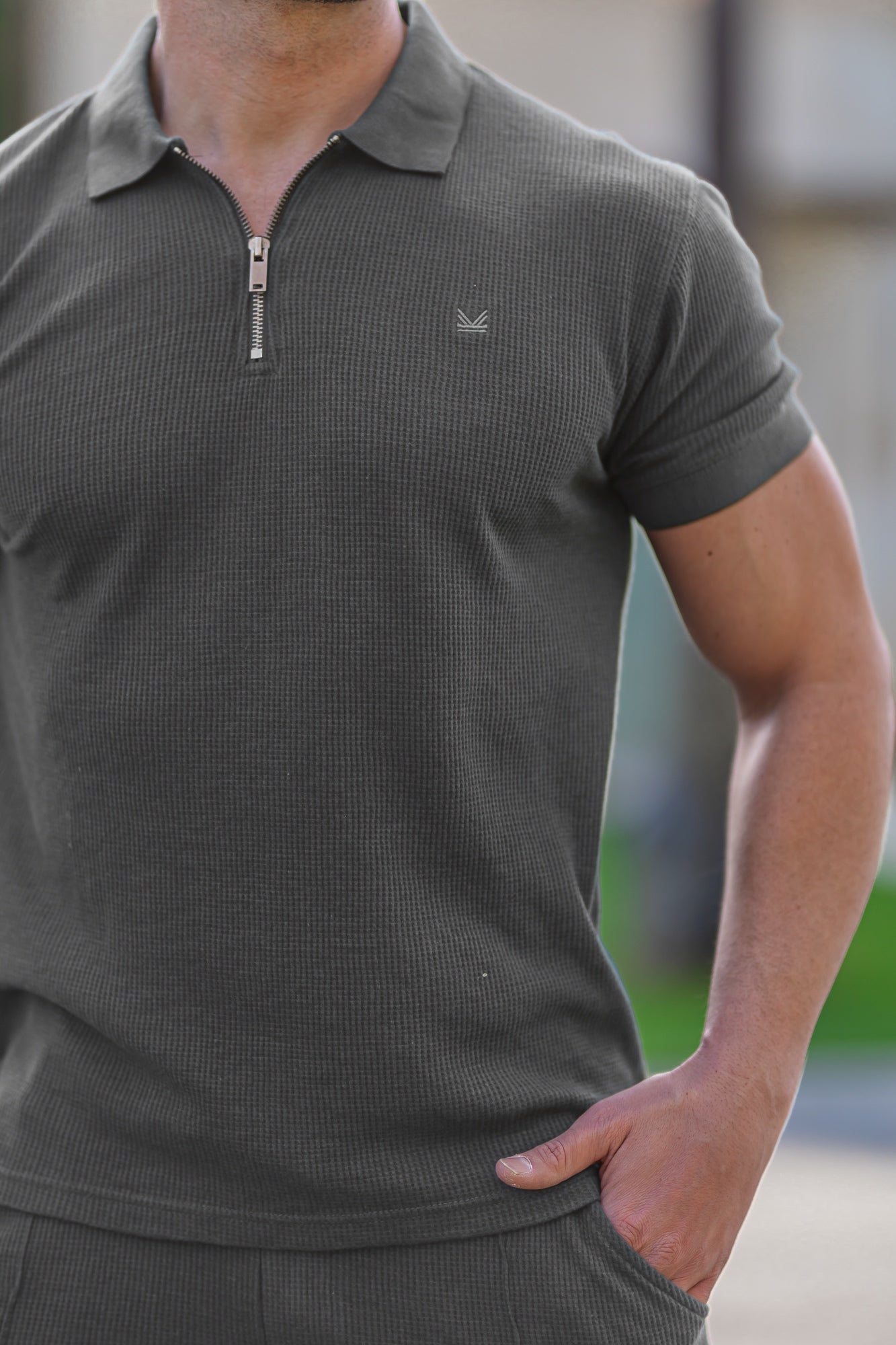 Waffle Bubble Texture Cotton Polo - Solid-Grey