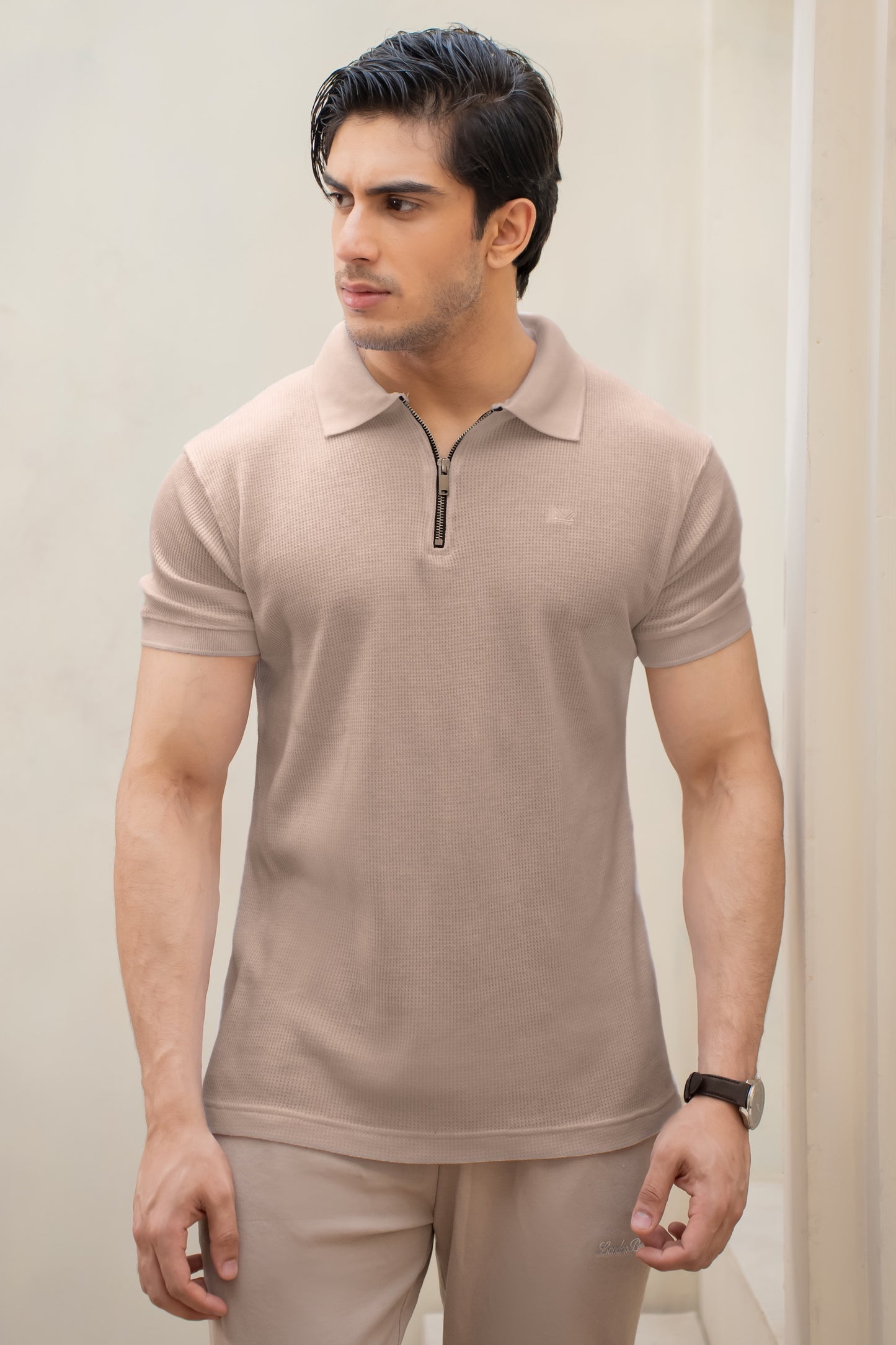 Waffle Knit Textured Cotton Polo - Icegrey