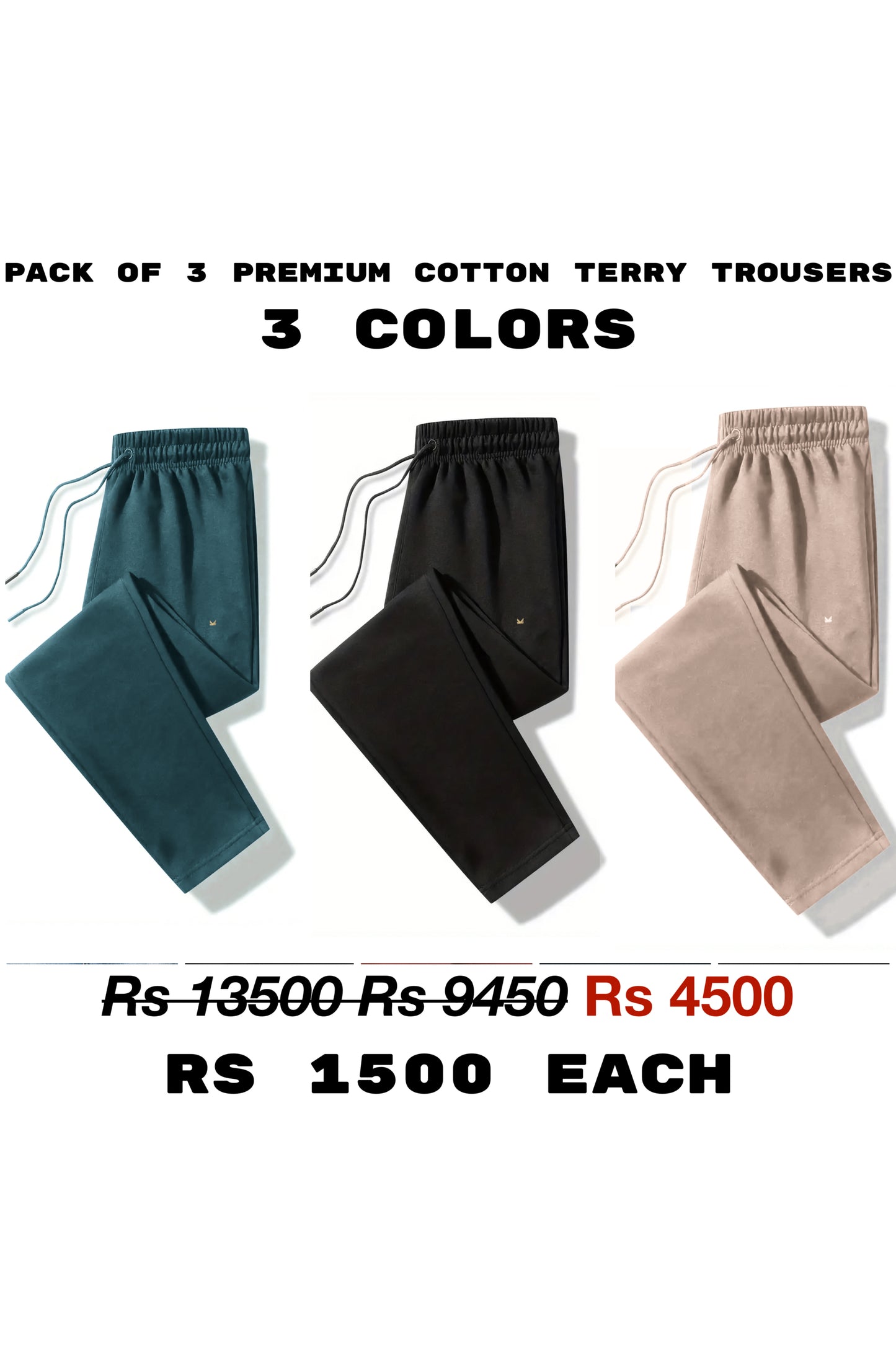2 King SlimFit Cotton Terry Trouser Bundle - 3 Colors