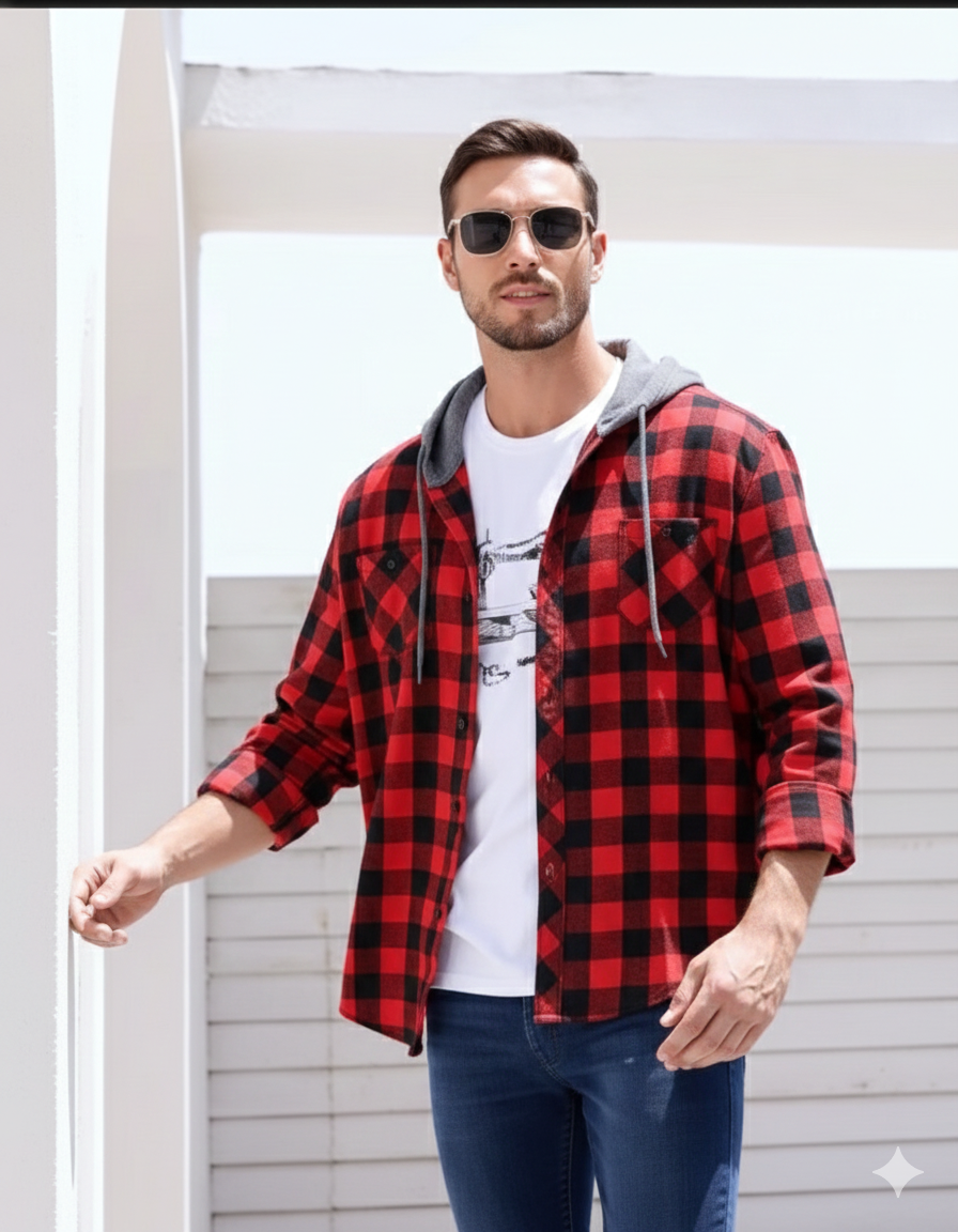 Flannel Hooded Shahcket - Red