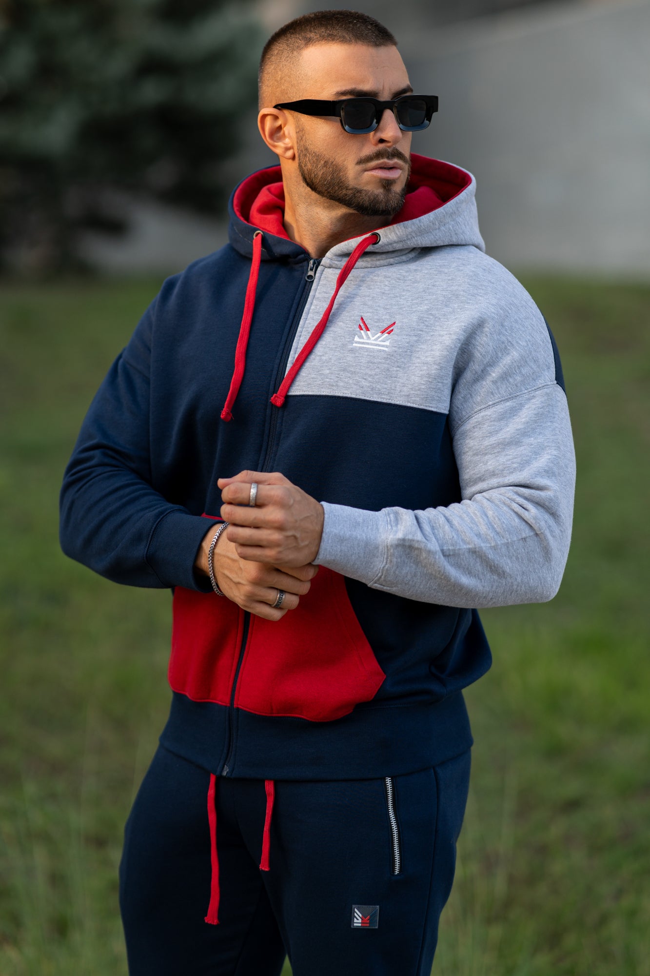 Colorblock Cotton Oversize Hoodie - Navy