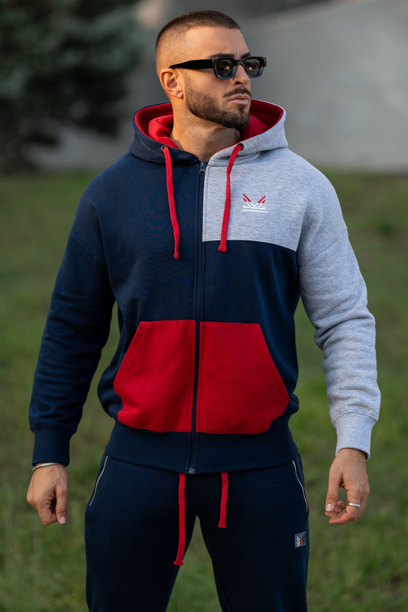 Colorblock Cotton Oversize Hoodie - Navy