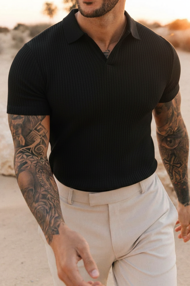 Azure Dropneedle Texture Polo - Black