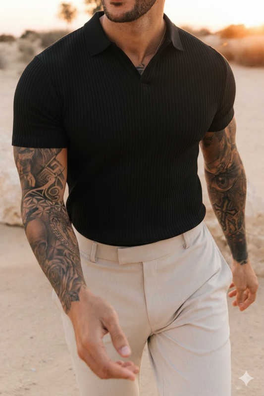Azure Ribbed Texture Polo - Black
