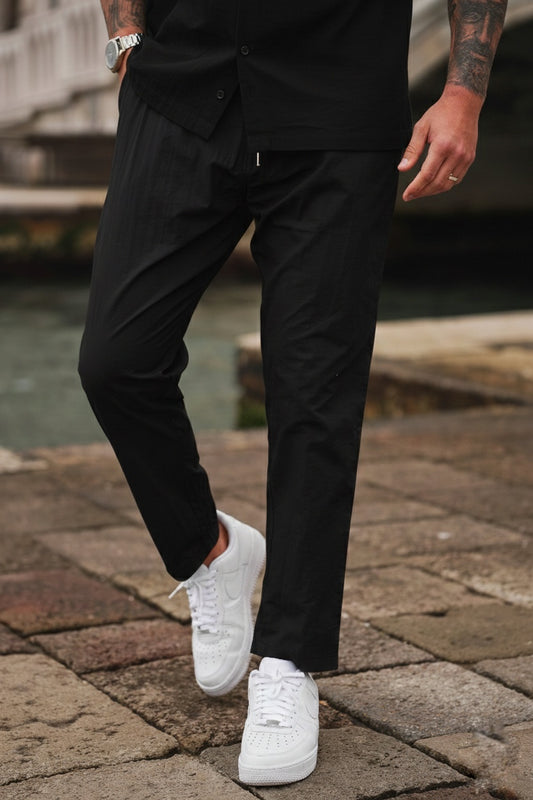 Crinkle Poly Textured Cotton Pants - Black