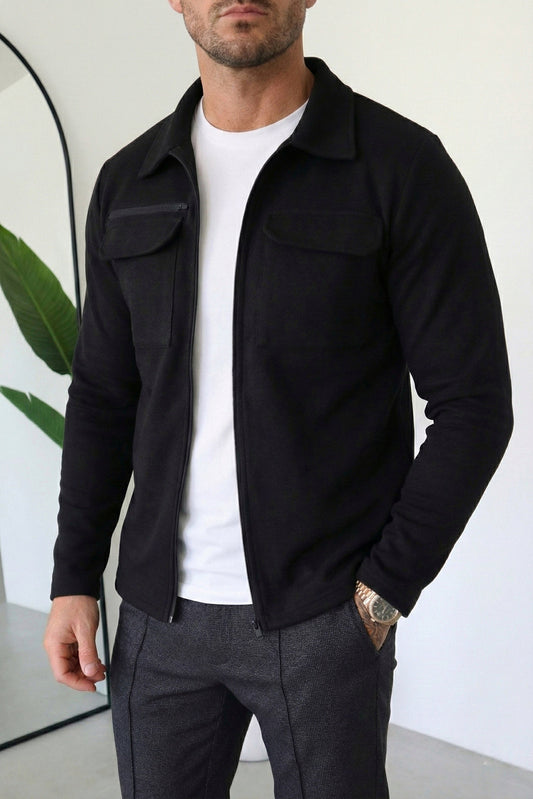 Zip Overshirt Cotton Jacket - Black