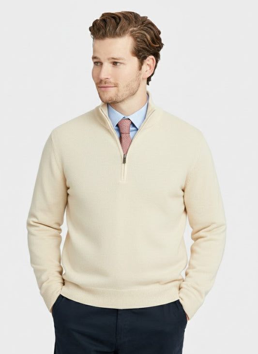Quarter Zip Rib Knit Sweater - CREAM