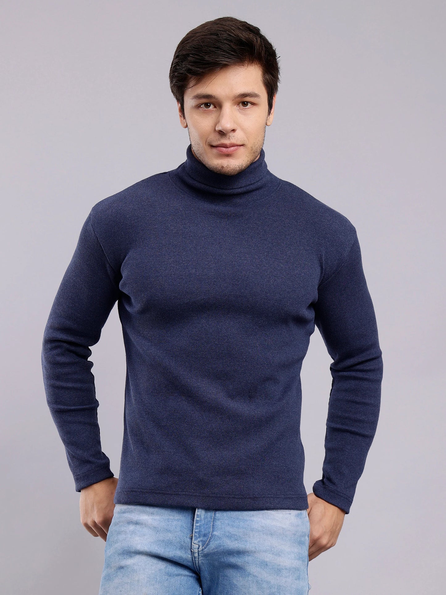 Sw03 SLIM FIT RIB-KNIT TURTLENECK SWEATER - Denim