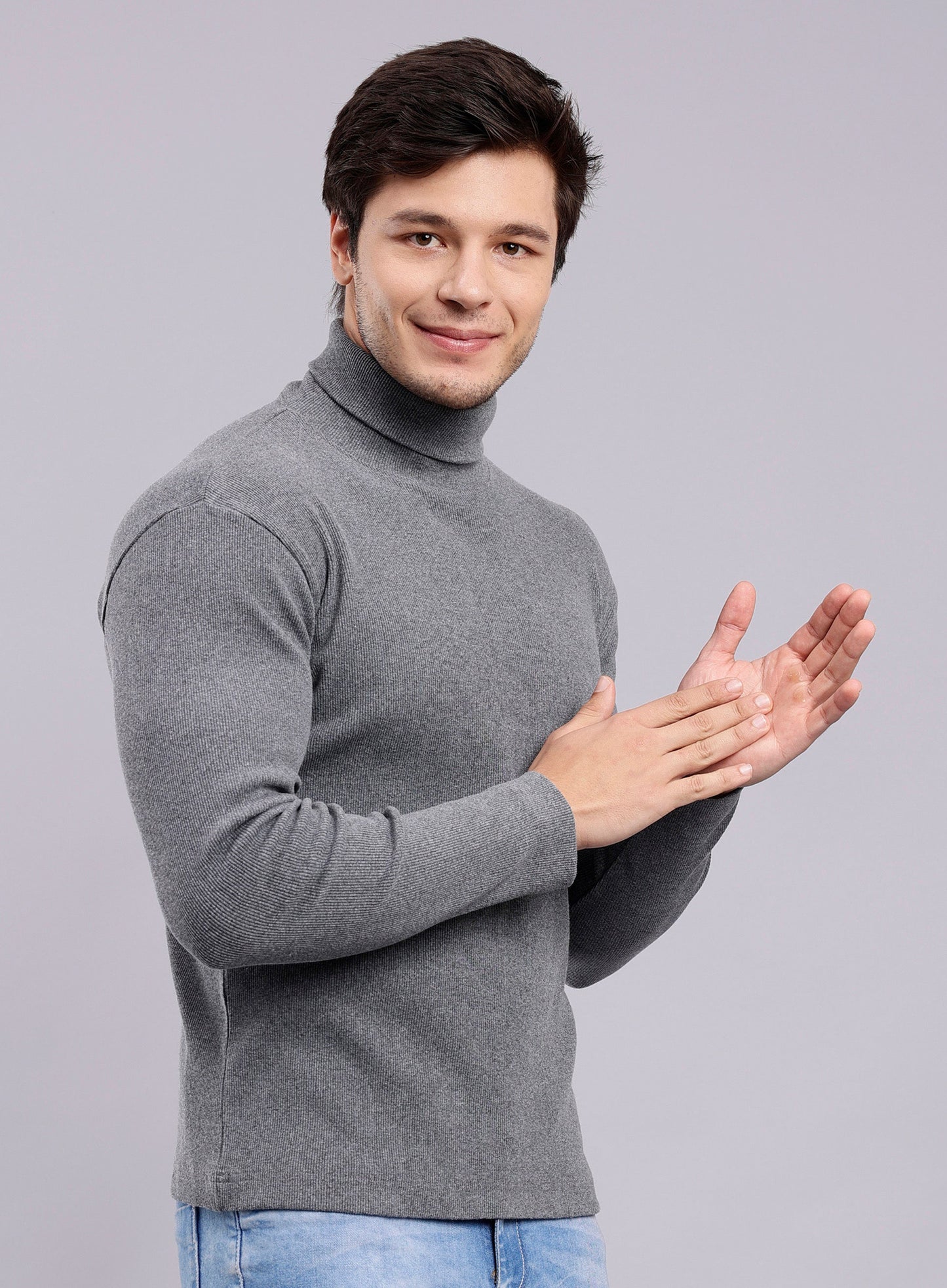 Sw12 SLIM FIT RIB-KNIT TURTLENECK SWEATER - Heather Grey