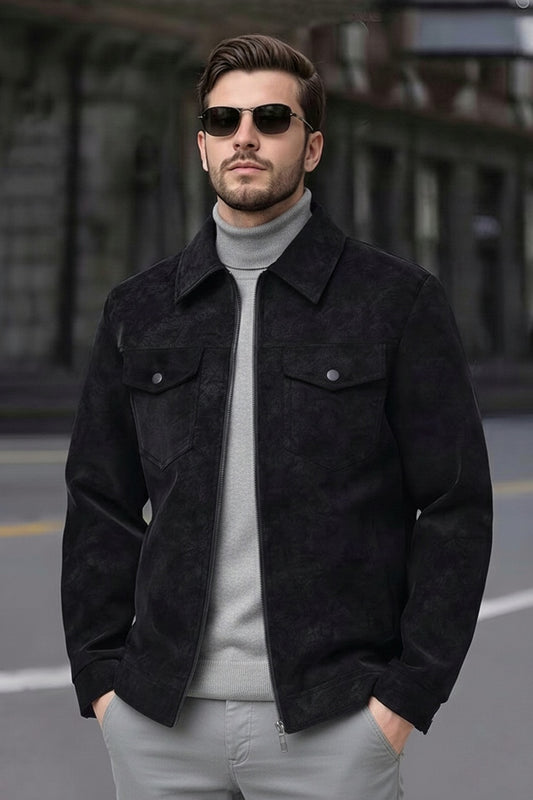 Suede Faux Leather Jacket - Black