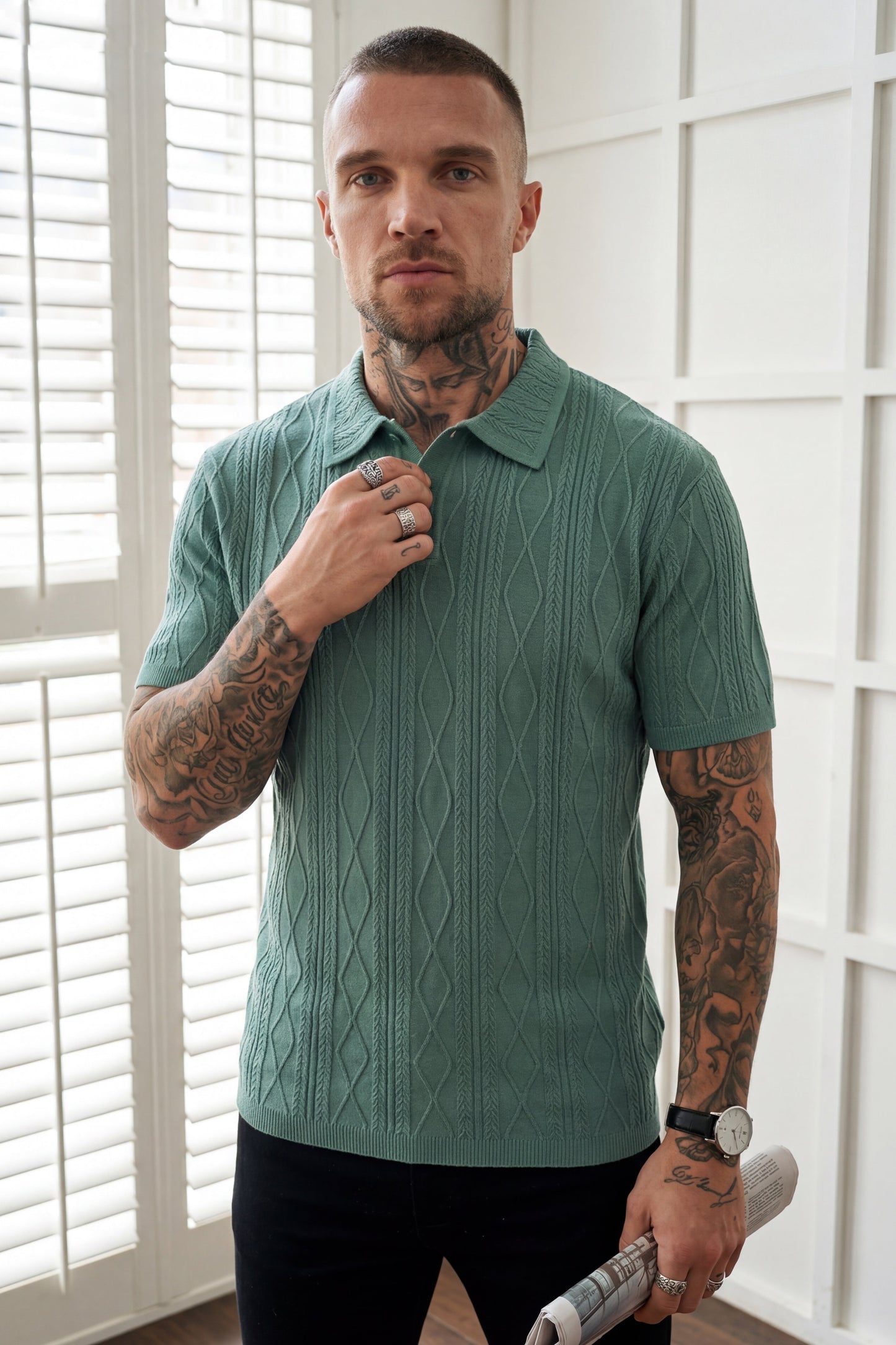 Lightweight CableKnit Polo - Pine Green