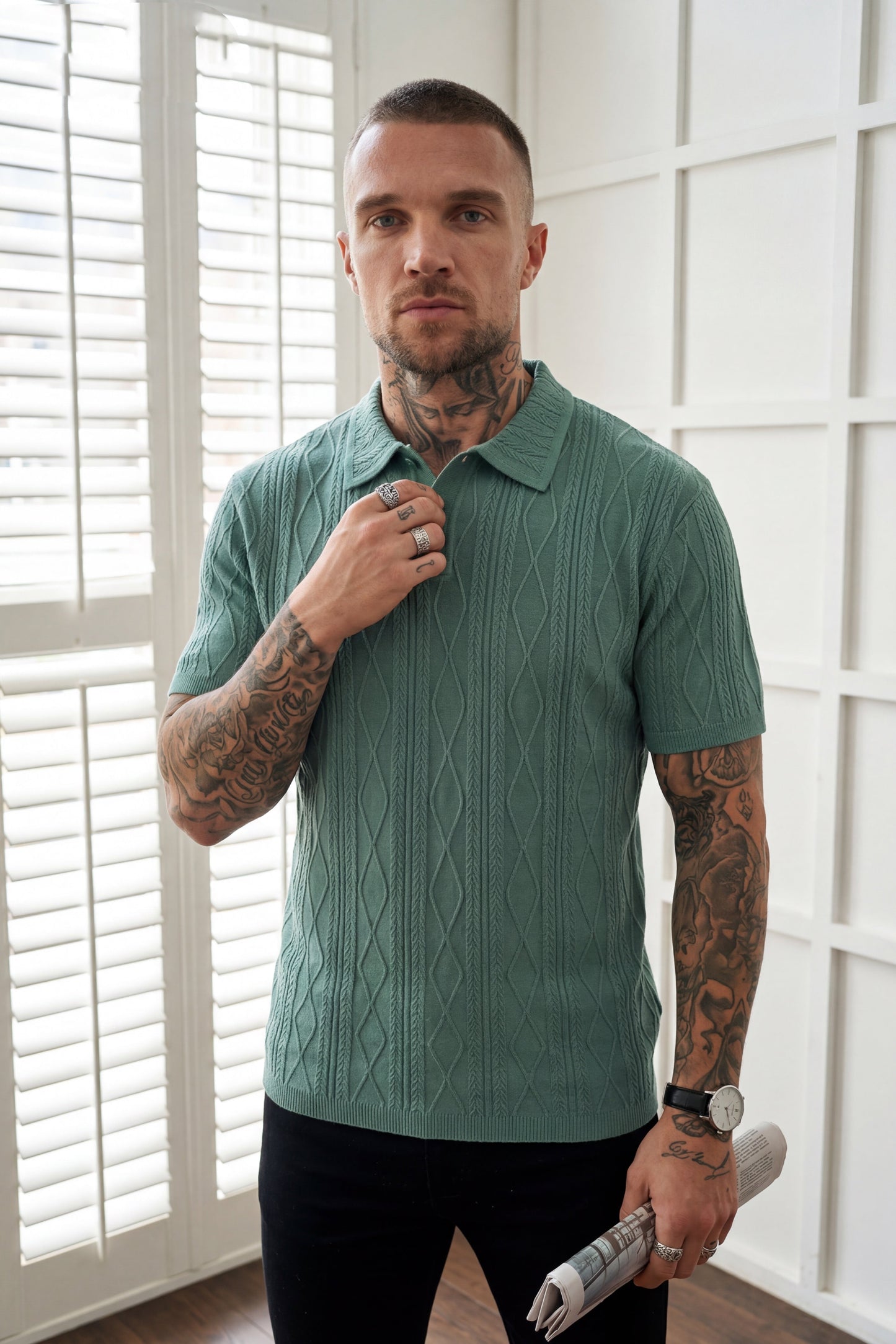 Lightweight CableKnit Texture Polo - Pine Green