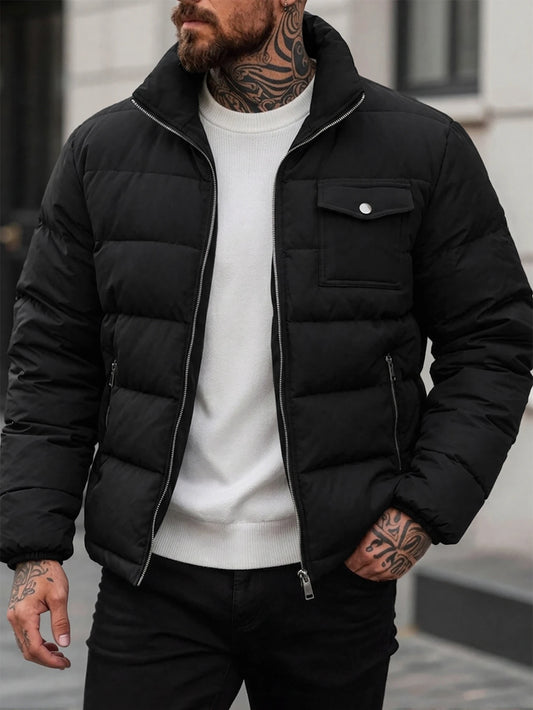 Black puffer jacket with metal silver zip