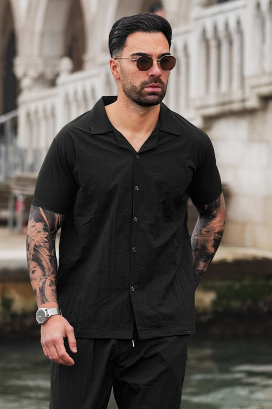 Monaco Crinkle Textured Poly Cotton Shirt - Black